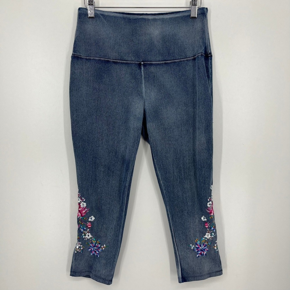 Athena Marie Womens Blue Floral Embroidered Denim Look Cropped Leggings Size M